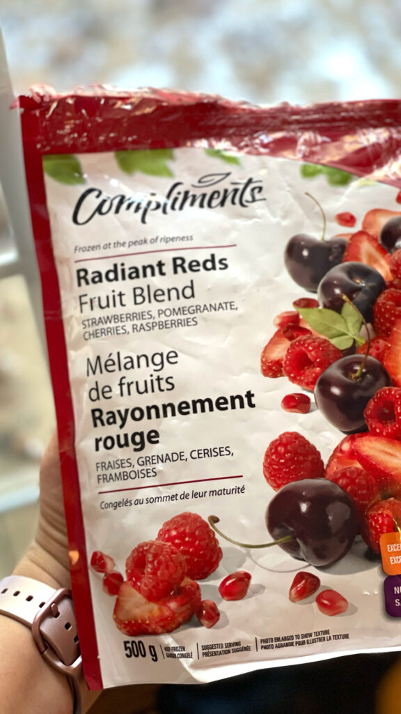 A package of a frozen berry blend called Radiant Reds