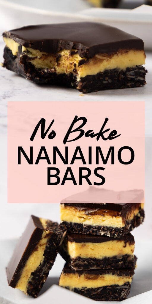 An image for Pinterest. A plate of Nanaimo Bars