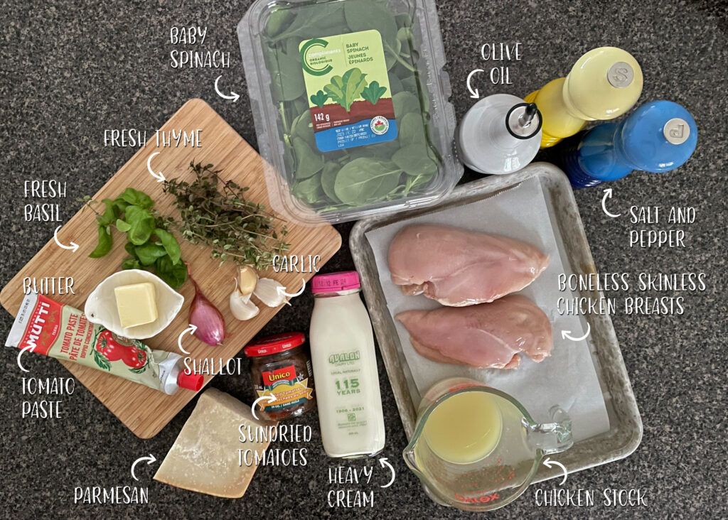 The ingredients for Creamy Tuscan Chicken are arranged on a counter, with labels describing each one.