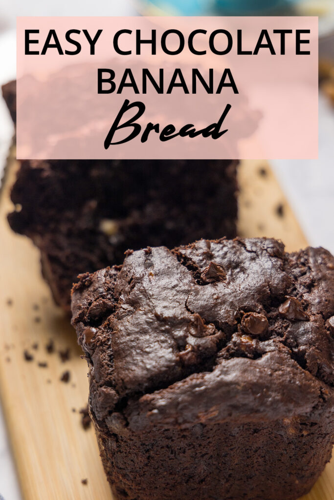 An image for Pinterest; A loaf of chocolate dessert sits on a wooden cutting board, partially sliced up.