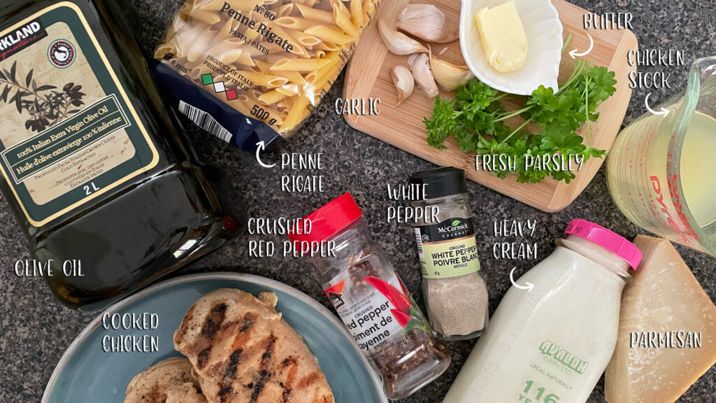 The ingredients for Creamy Garlic Parmesan Pasta are layed out on a counter.