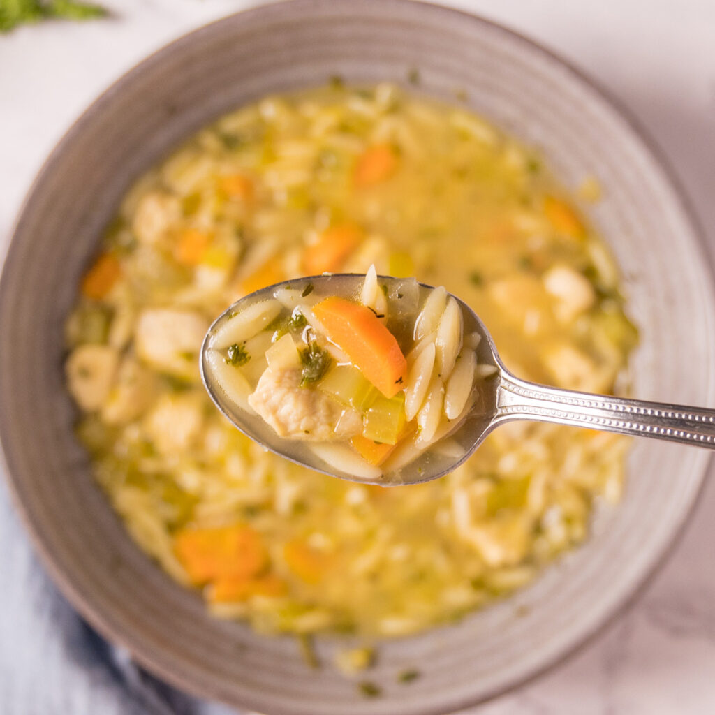 A bowl of lemon chicken orzo soup with carrots and celery.