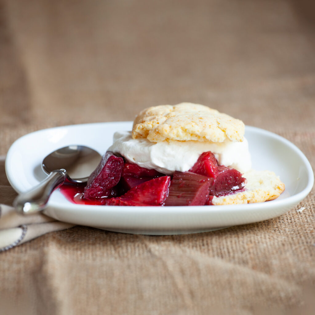 Strawberries and rhubarb, shortcake, and whipped cream