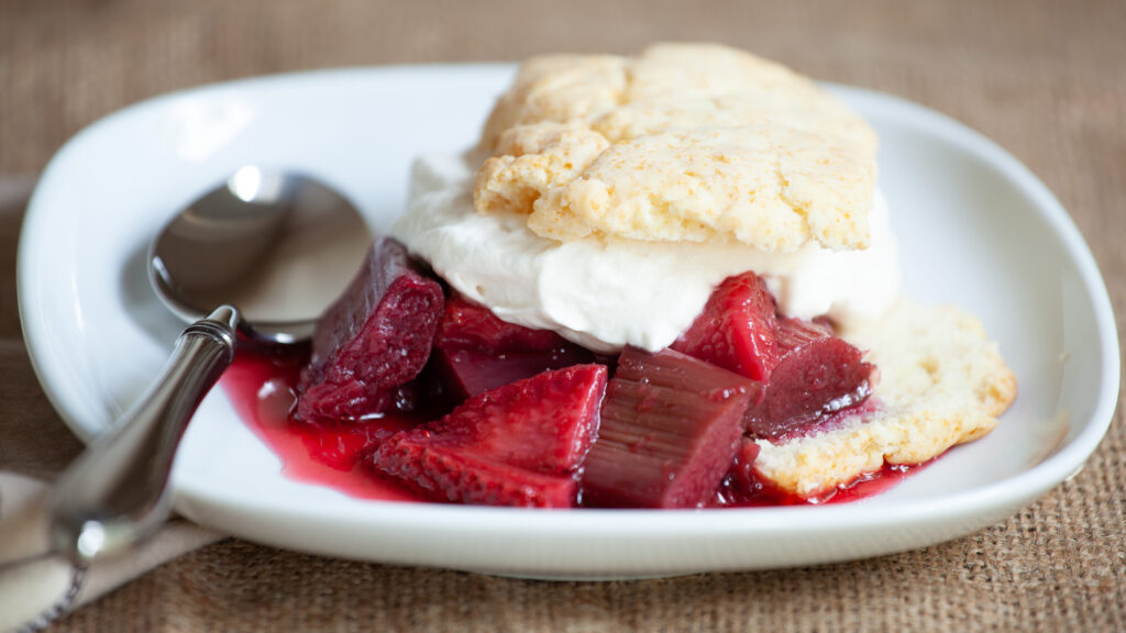 Strawberries and rhubarb, shortcake, and whipped cream