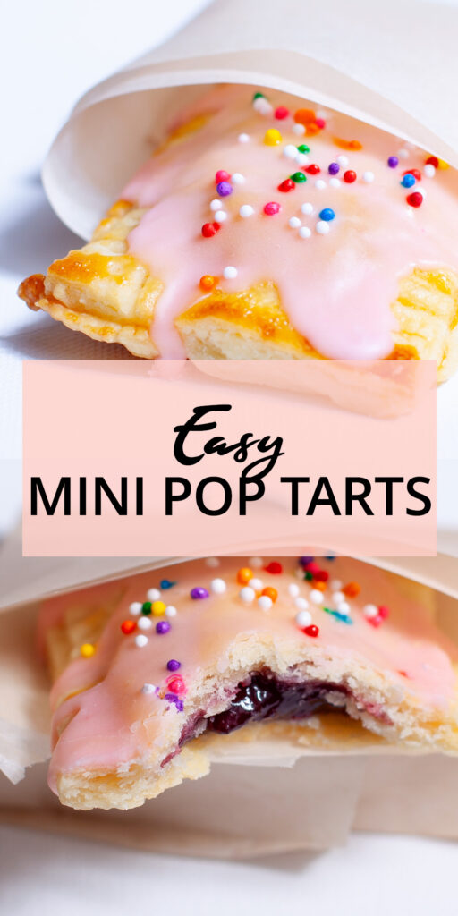 An image for Pinterest. Mini toaster pastries with pink frosting and colorful sprinkles, on a blue plate.