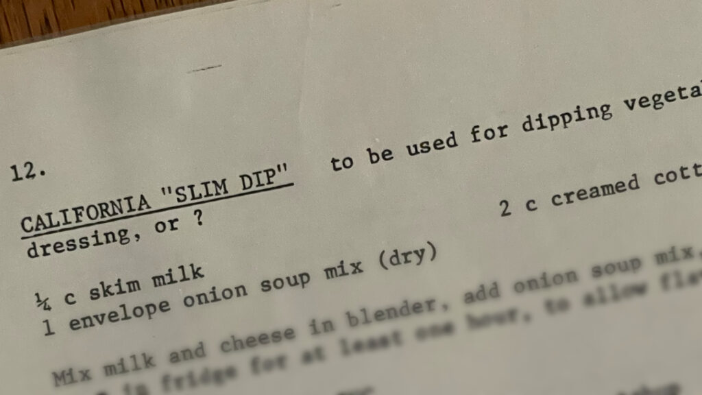 An image from an old recipe book; the recipe is titled California "Slim Dip"