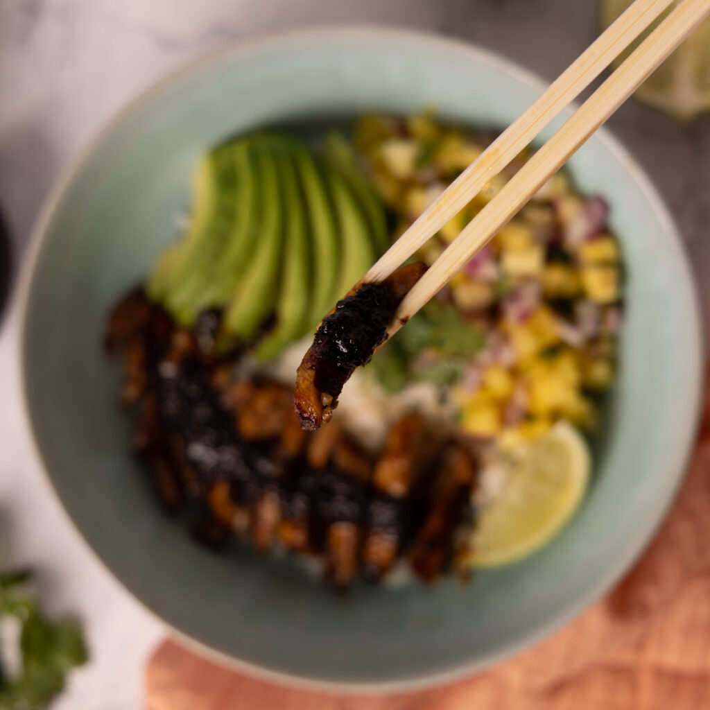 A bowl contains rice, glazed chicken, mango pineapple salsa, sliced avocado. Chopsticks sit on the edge of the bowl, surrounded by a pink napkin, limes, an avocado and a bunch of fresh cilantro.
