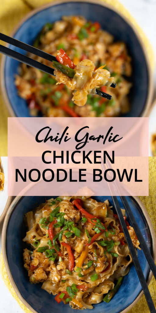 A bowl of Chili Garlic Chicken Noodle stir-fry, with black chopsticks, a yellow towel, and green onions next to the bowl.