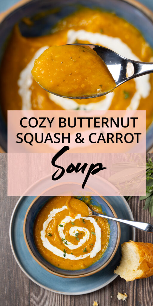 An image for Pinterest. Butternut squash soup with a swirl of yogurt in a bowl. A blue and white towel is next to the bowl.