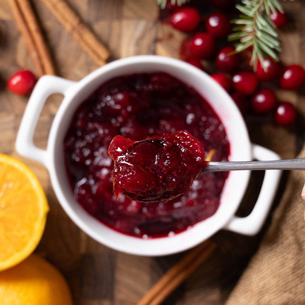 A bowl of fresh homemade cranberry sauce.