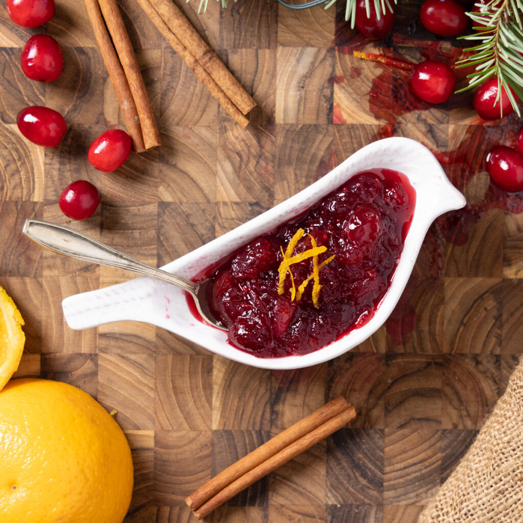 A bird-shaped bowl of fresh homemade cranberry sauce.