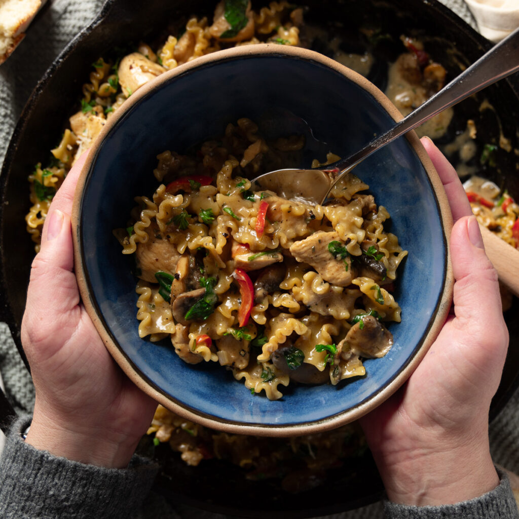 A bowl with a creamy chicken and mushroom pasta recipe.