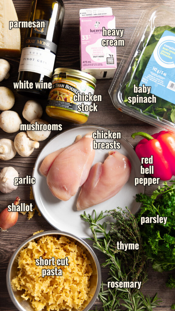 A collection of ingredients to make Creamy Chicken & Mushroom Pasta Skillet recipe.