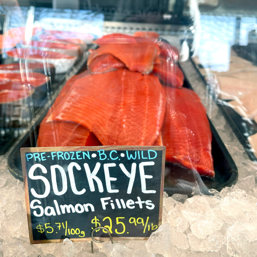 Sockeye salmon display at 1 Fish 2 Fish Fresh Seafood Market, Langley, British Columbia, Canada.