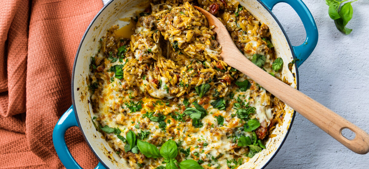 One Pan Creamy Sausage and Sun Dried Tomato Orzo