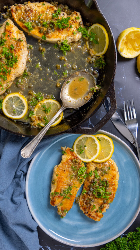 Chicken Piccata in a skillet; a plate with a portion of Chicken Piccata.