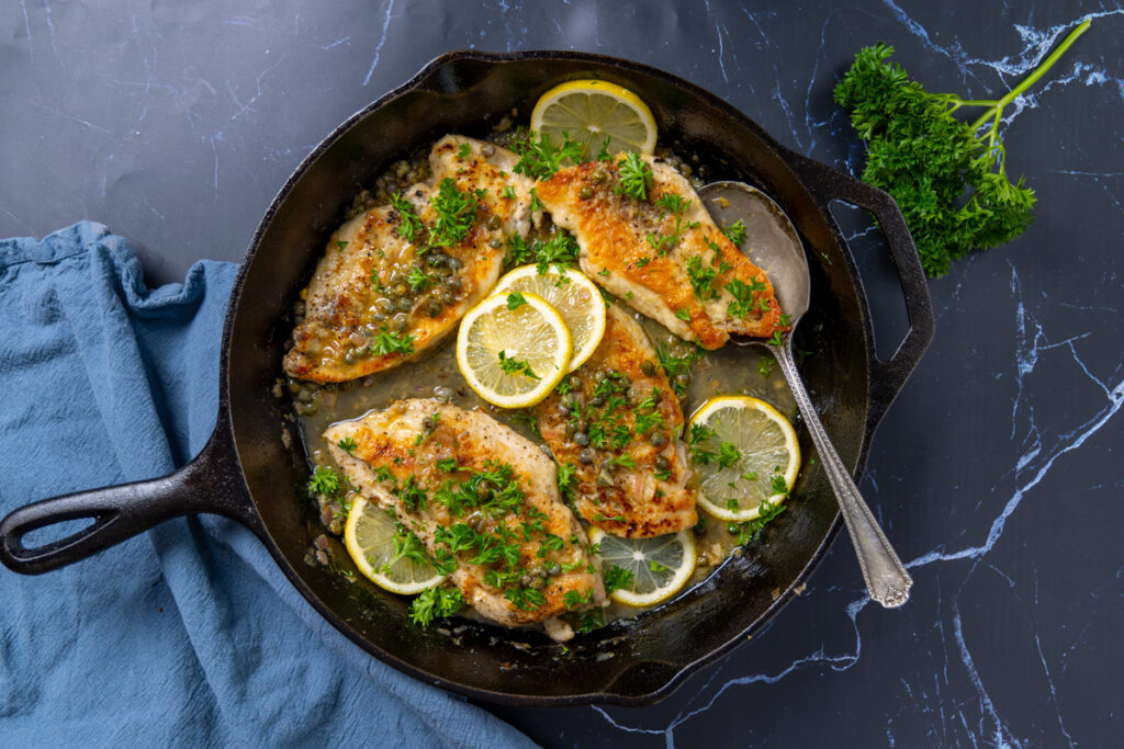 Chicken Piccata in a cast iron skillet