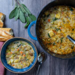 Rustic winter squash roasted with herbs and spices, combined with Italian sausage, potatoes, and spinach for a warm and cozy soup.
