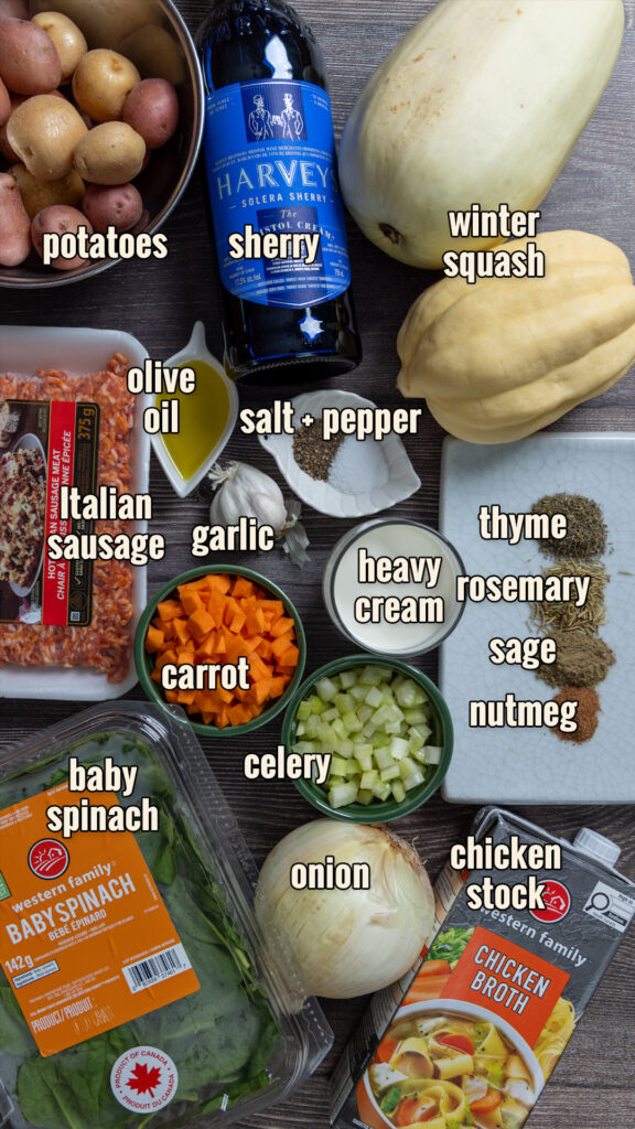 Ingredients for Rustic Squash & Italian Sausage Soup
