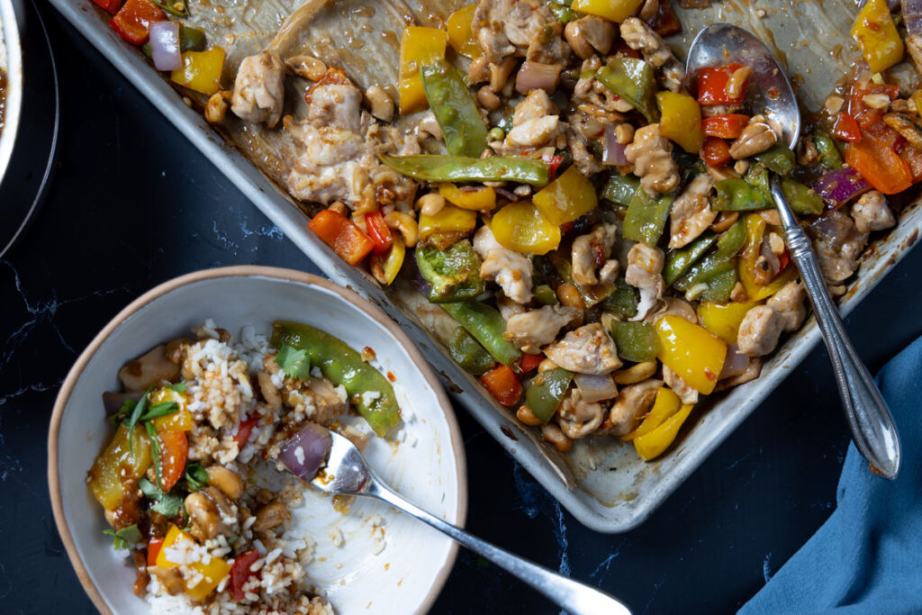 Sheet pan orange cashew chicken