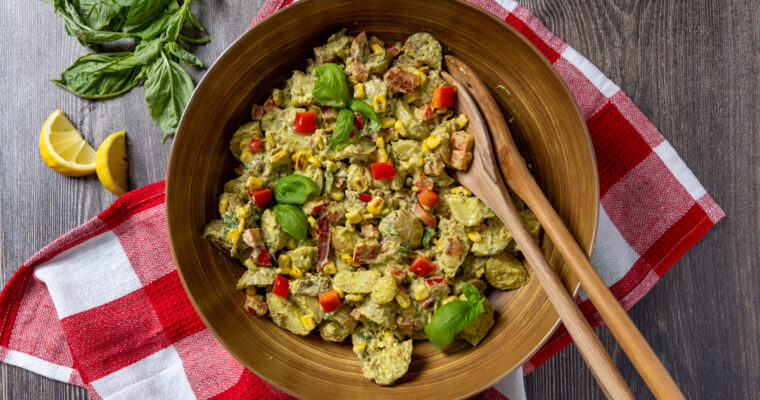 Pesto Potato Salad with Corn and Bacon